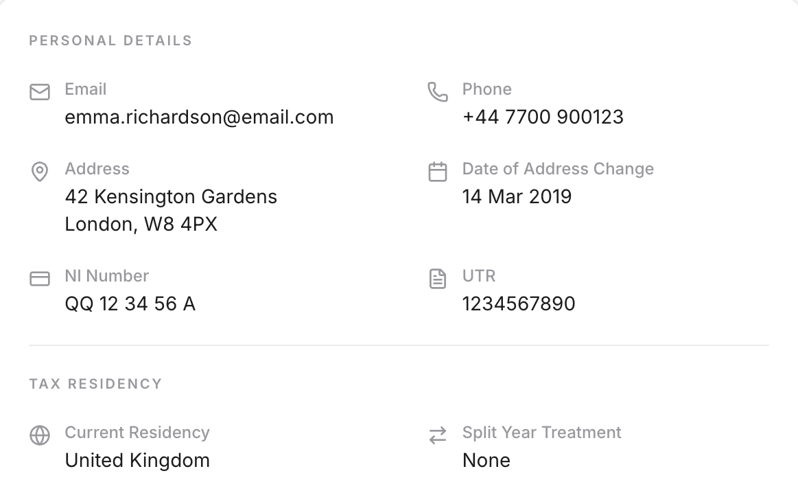 Client personal details cards